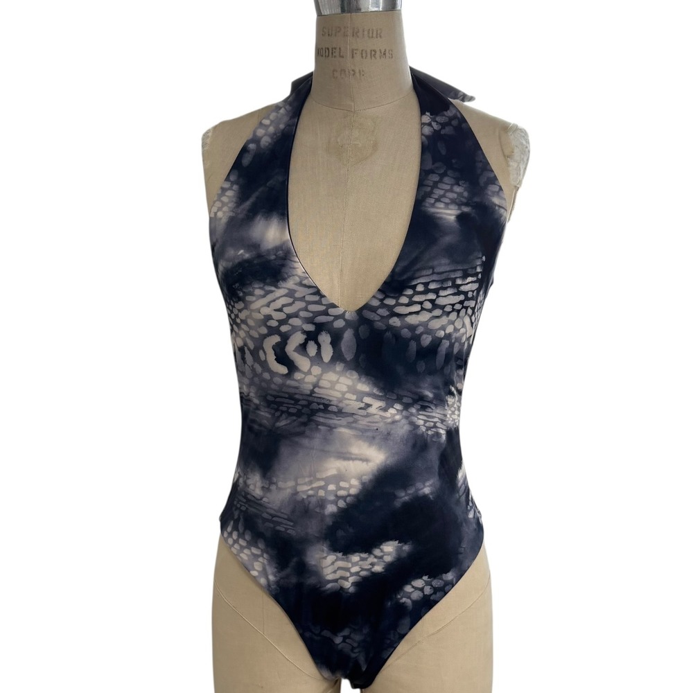 NEW COS Reversible Swimsuit Womens 12 Blue White Abstract Snakeskin Halter